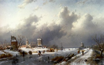 landscape Painting - A Frozen snow Landscape With Skaters landscape Charles Leickert